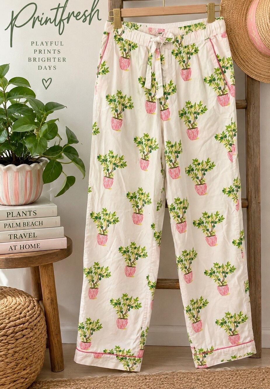 Printfresh Pajama Pants XS White Floral Plants Print 100% Organic Cotton Pockets